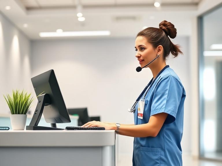 Healthcare receptionist scheduling patients at a clinic desk