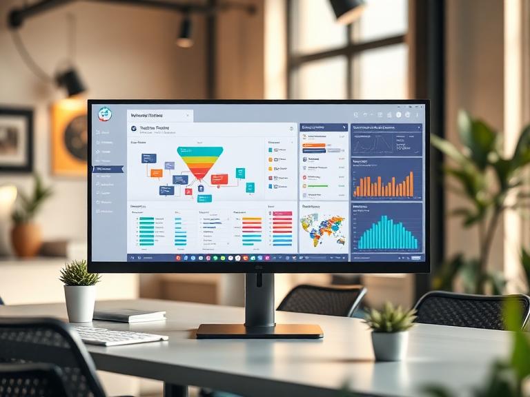 Monitor showing a marketing automation funnel dashboard