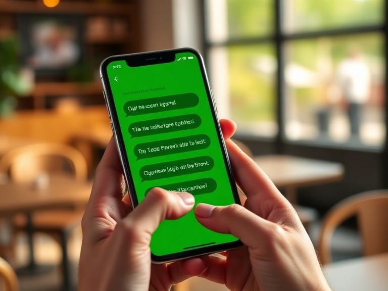 Hands holding a smartphone with a WhatsApp chat conversation